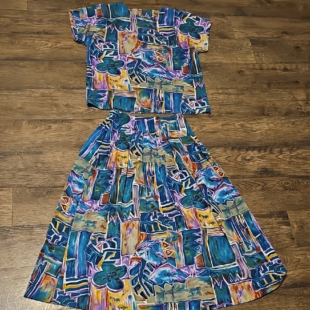 VINTAGE Nancy Bolen City Girl Abstract Midi Dress Set 80s Size 12